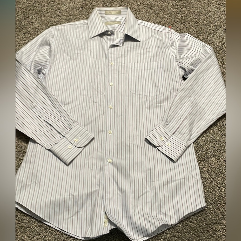 Nordstrom Men’s Wrinkle Free Trim Fit Grey Burgundy striped dress shirt size‎ 15